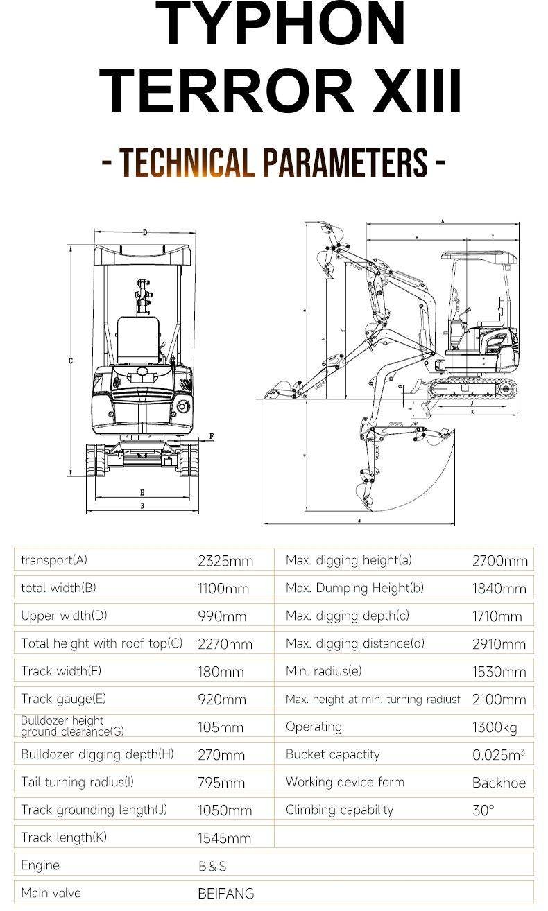 TYPHON TERROR XIII Mini Excavator – 1.3 Ton Trench Digger with Canopy, Hydraulic Thumb Clip, 13.5hp B&S Engine USA - Image 6